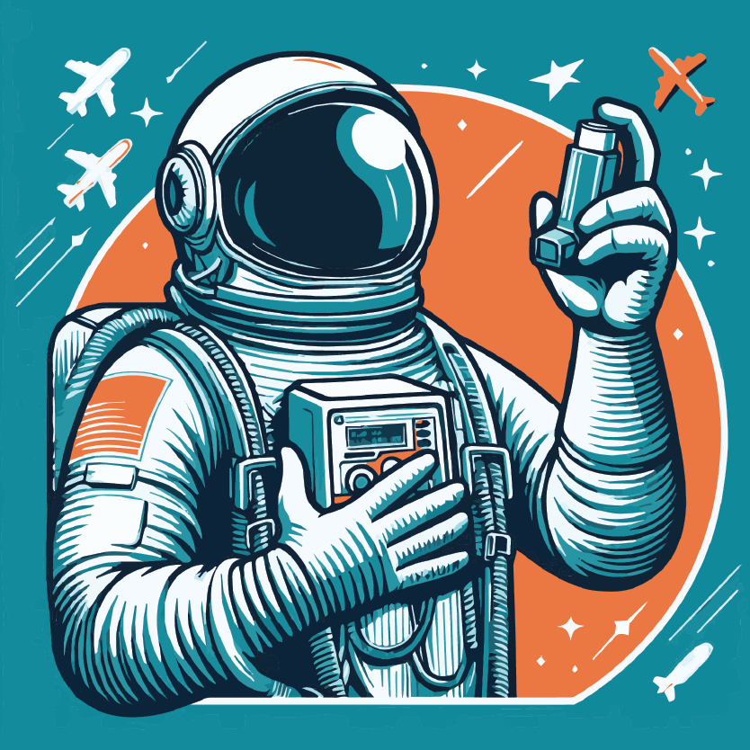 Vector art of 1950's astronaut holding an inhaler in their left hand and looking at it