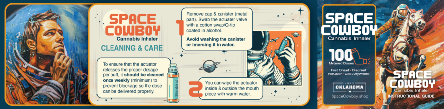 Instructional guide on how to clean and care for Space Cowboy inhaler in a 1950s Airline pamphlet style with astronauts and space theme