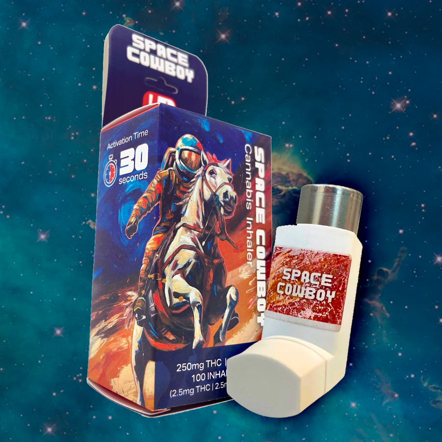 Image of Space Cowboy inhaler packaging and inhaler in front of a space nebula
